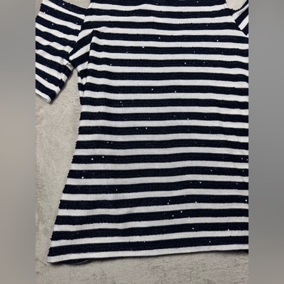 Chico’s Sequins Navy Blue White Striped Cold Shoulder Knit Blouse Size 1 (US M) - Picture 4 of 17
